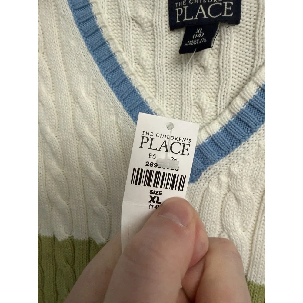 NEW The Children's Place Boys Blue Cable Knit Sweater Vest Size XL V Neck Cotton